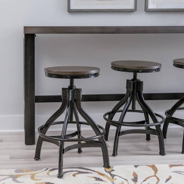 Harlan 24.5 in. Gray Backless Metal Adjustable Stool with Round Wood Round Seat