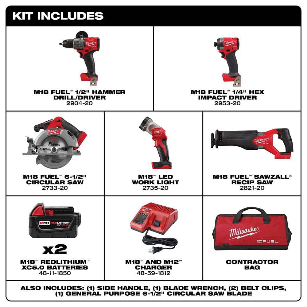 Milwaukee M18 FUEL 18V Lithium Ion Brushless Cordless Combo Kit 5 Tool with Two 5.0Ah Batteries 1 - Image 3