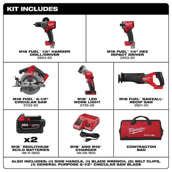 M18 FUEL 18V Li-Ion Cordless Combo Kit (5-Tool) with Two 5.0 Ah Batteries, 1 Charger 1 Tool Bag w/SHOCKWAVE Bit (100-Pc)