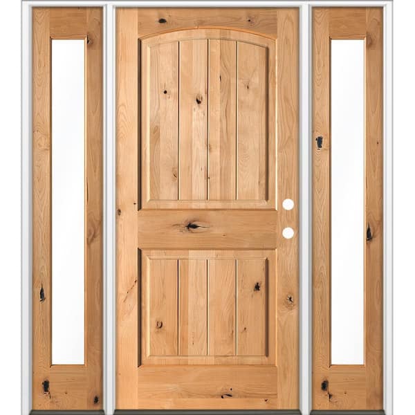 64 in. x 80 in. Knotty Alder Arch Top Left-Hand/Inswing Clear Glass BEHR Cedar Stain Wood Prehung Front Door with DFSL