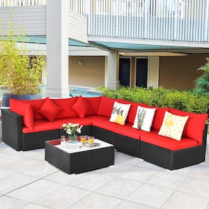 7-Pieces Rattan Patio Conversation Set Sectional Furniture Set with Red Cushion