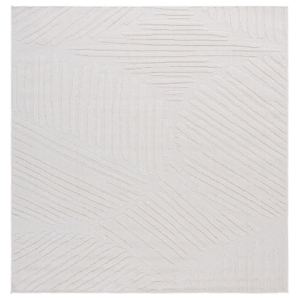 Global 7 ft. x 7 ft. Square Light Beige/Ivory Solid Abstract Striped Indoor/Outdoor Area Rug