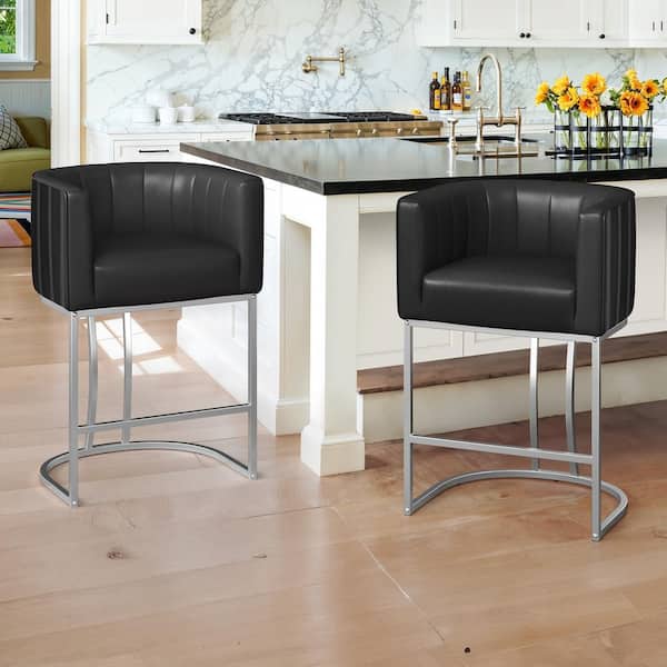 LUE BONA Siska 26 in.Modern Black Fabric Upholstered Counter Stool with Silver Metal Frame Barrel Counter Bar Stool Set of 2