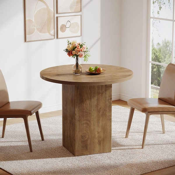 Roesler Brown Wood 31.5 in. Pedestal Base Small Round Circle Kitchen Dining Table with Wooden Fluted Pedestal Seats 4