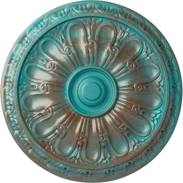 Ekena Millwork 15-3/4 in. x 5/8 in. Kirke Urethane Ceiling Medallion (Fits Canopies upto 3-3/4 in.), Copper Green Patina