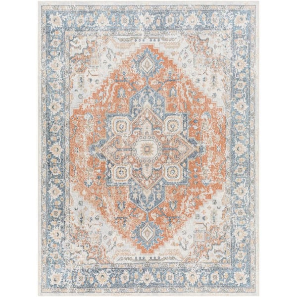 Livabliss Lillian Sky Blue/Rust Medallion 9 ft. x 12 ft. Machine-Washable Indoor Area Rug