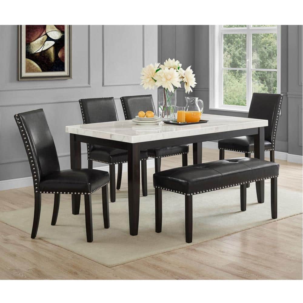 Westby White Marble Top Dining Table with Ebony Black Base