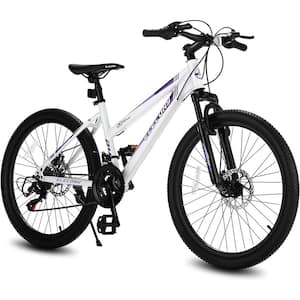 24 in. Steel Mountain Bike with 21-Speed in White for Girls