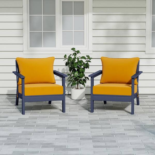 Birchwood Navy Blue Outdoor Patio (Set of 2) Deep Seating HDPE Lounge Chairs w/ Yellow Cushions