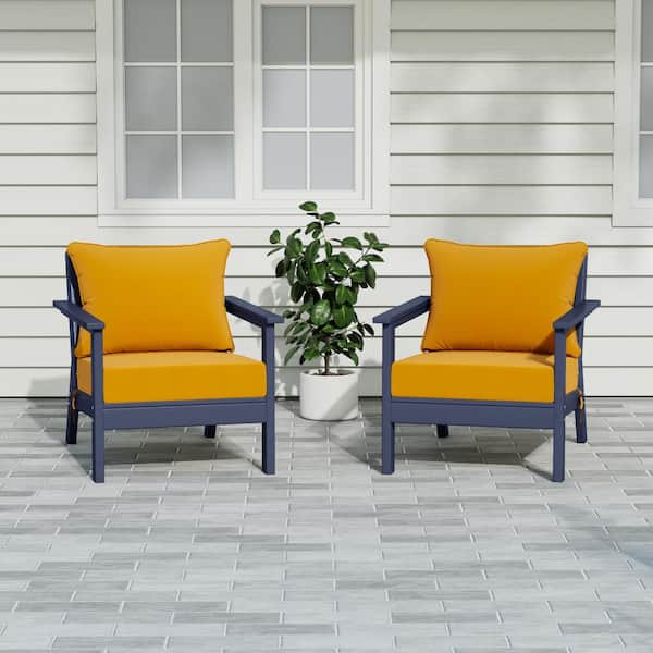 Birchwood Navy Blue Outdoor Patio (Set of 2) Deep Seating HDPE Lounge Chairs w/ Yellow Cushions