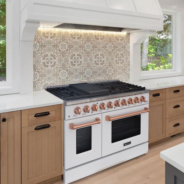 48 in. 6.7 cu. ft. Freestanding Double Oven Gas Range with 8-Burner, Griddle, Cast Iron Grates, in White with Copper