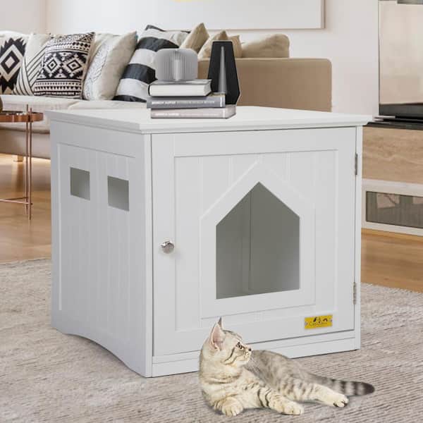 White Comfortable and Ventilated COZIWOW Wood Cat Pet House Condo Litter Box w/Pentagonal Hole and 4 Vents 