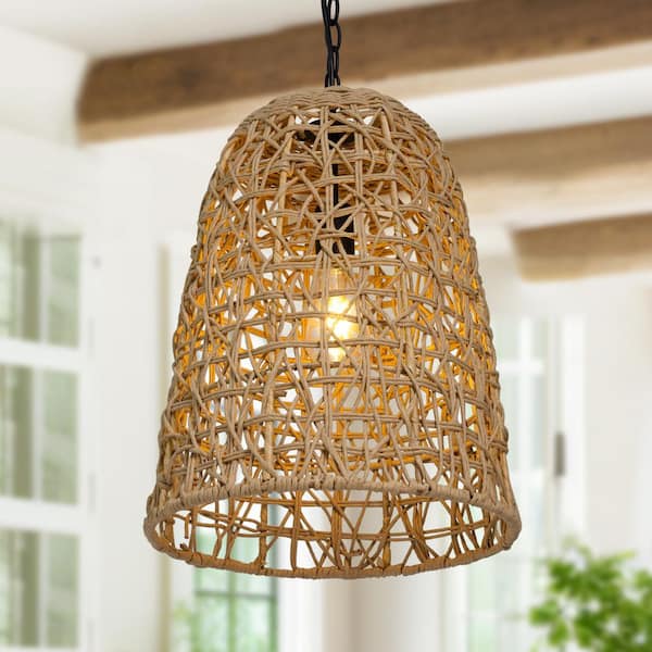 LNC Bohemian 60 W 1-Light Brown and Black Island Pendant Light with Handwoven Natural Rattan Shade, Rustic Ceiling Light