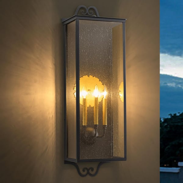 C Cattleya 35.25 in. Black Outdoor Hardwired Wall Lantern Sconce with Seeded Glass and Gold Accent, No Bulbs Included