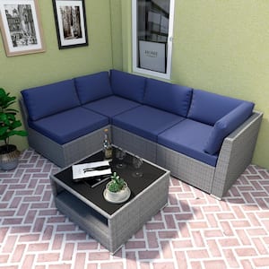 5-Piece Wicker Outdoor Patio Conversation Seating Sofa Set with Coffee Table, Dark Blue Cushions