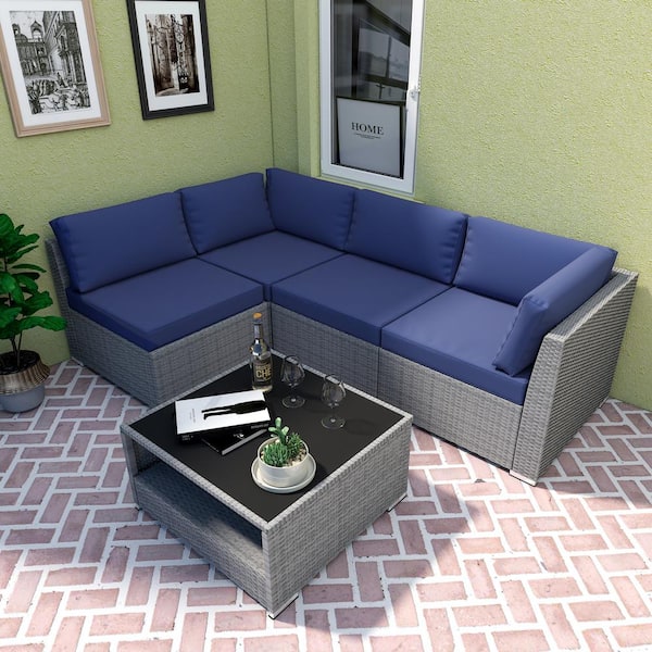 EAGLE PEAK 5-Piece Wicker Outdoor Patio Conversation Seating Sofa Set with Coffee Table, Dark Blue Cushions