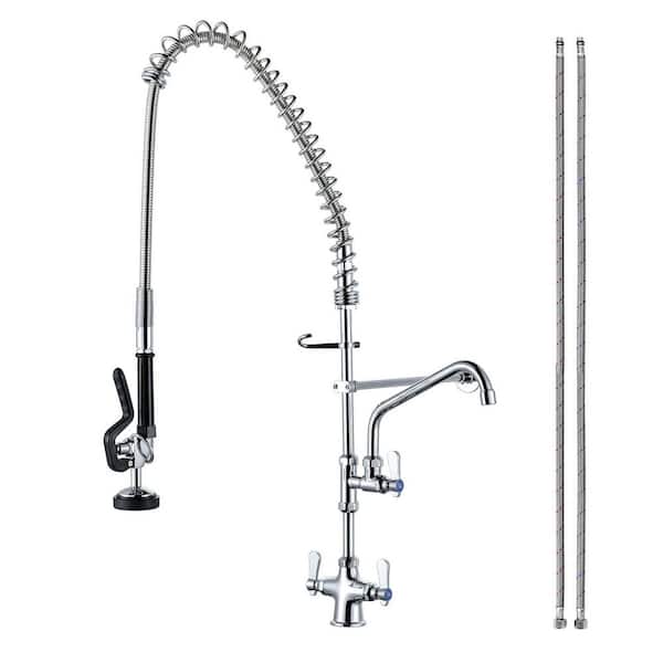 39.3 in. H Commercial Deck Mount Triple Handle Pull Down Sprayer Kitchen Faucet w/360° Spout Swivel in Polished Chrome