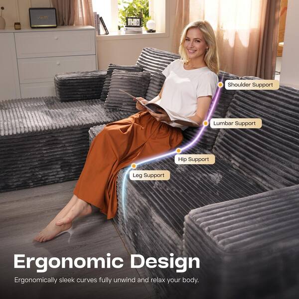 Allwex VK 115 in. Wide Arm 3-Piece Modern Plush Corduroy U-Shape
