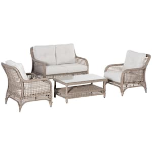 4 Pieces Wicker Patio Conversation Set with Two-tier Tempered Glass Table-top & Cream White Thick Padded Cushions