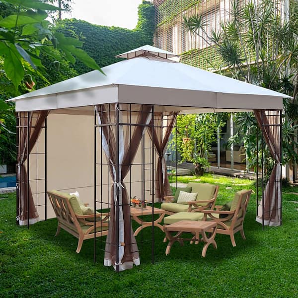 9.8 ft. x 9.8 ft. Metal Outdoor Patio Gazebo with Extended Side Shed and  LED Light in Brown LY-PG6149 - The Home Depot