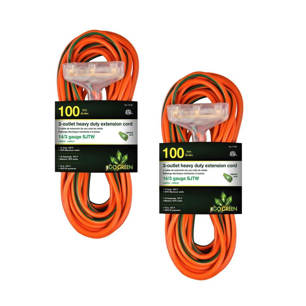 (G-15100-2) 100 ft. 14/3 3 Outlet Indoor Heavy Duty Extension Cord, Orange, 2 PACK price history on PriceWatchPro
