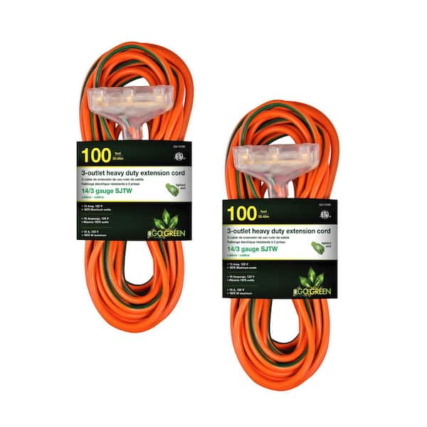 100 ft. 14/3 3-Outlet Indoor/Outdoor Heavy-Duty Extension Cord, Orange (2-Pack)