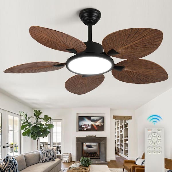 52 in. Indoor Black Retro 5 Palm Leaf Shaped Blades Ceiling Fan - Downrod Mount, Natural Style