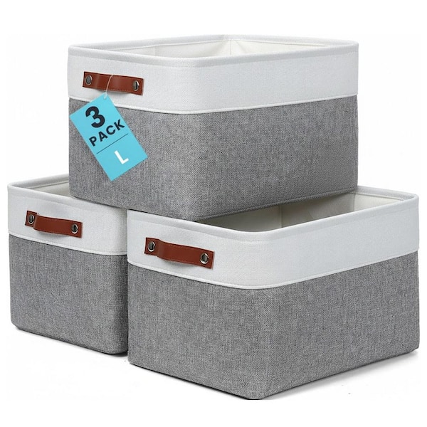 Gray Off-White 10 in.H X 15 in.W Canvas Fabric Closet Storage Bin