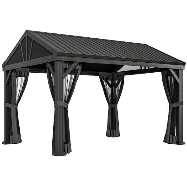 12 ft. x 10 ft. Gray Galvanized Metal Hardtop Peak Roof Aluminum Frame Gazebo with Netting