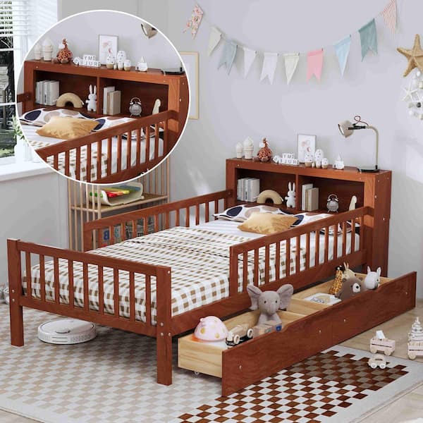 Walnut Brown Wood Frame Twin Upholstered Platform Bed with Headboard Storage Rack, 2-Drawers, 3-Side Guardrails