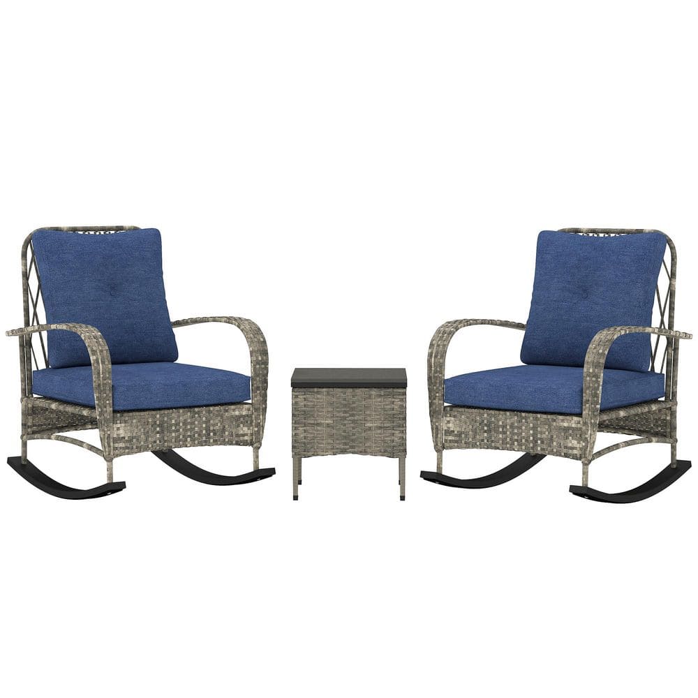 Gray 3-Piece Wicker Square Outdoor Bistro Set with Light Blue Cushions