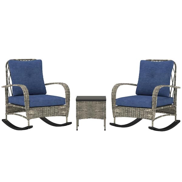 Outsunny Gray 3-Piece Wicker Square Outdoor Bistro Set with Light Blue Cushions