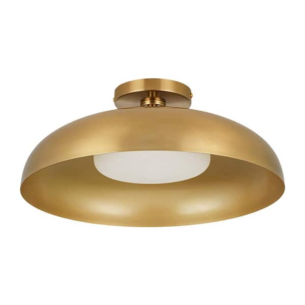 Lumin 1-Light 15.7 in.W Brass Integrated LED Semi-Flush Mount Dome Ceiling Light with Frosted Opal Glass for Foyer