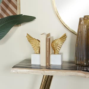 Gold Aluminum Wings Bird Bookends with Marble Base (Set of 2)