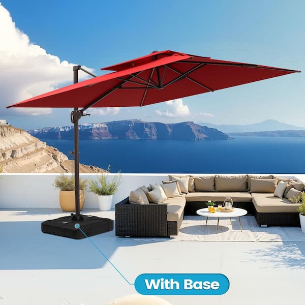 Crestlive Products 10 ft. Square Double-Top Polyester Cantilever Tilt Patio Umbrella in Red with 260 lbs. HDPE Base