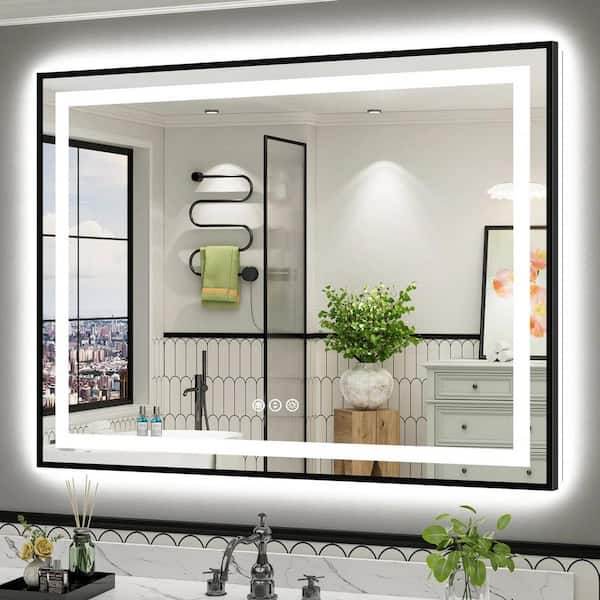 50 in. W x 40 in. H Rectangular Framed Front and Back LED Lighted Anti-Fog Wall Bathroom Vanity Mirror in Tempered Glass