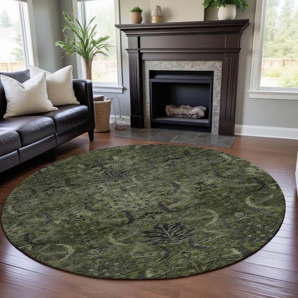 Mayfield Premium Machine Washable Abstract AMF1082 Olive 8 ft. x 8 ft. Round Rug