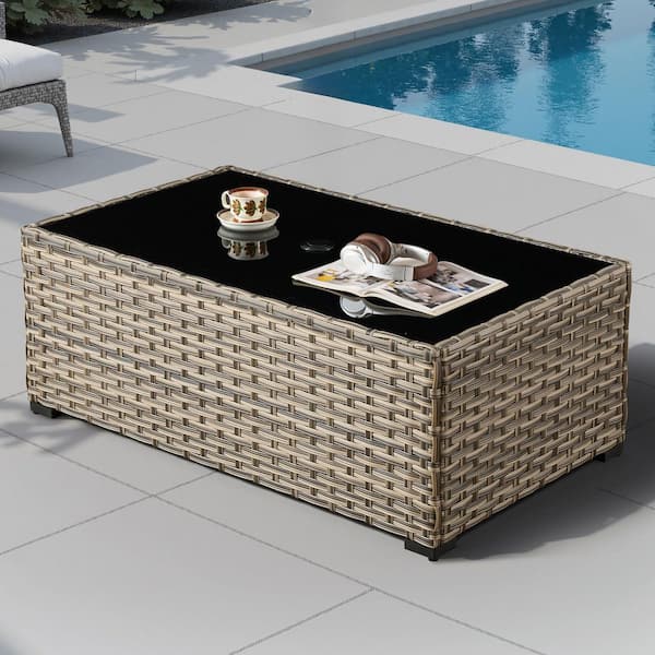 OculusP Rectangle Wicker Outdoor Patio Coffee Table with Tempered-Glass Top and Umbrella Hole