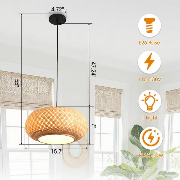 Parrot Uncle 15.7 in. 1-Light Brown Bamboo Rattan Lantern Pendant