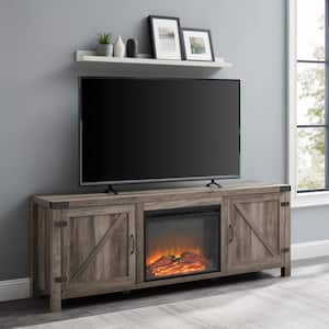 70 in. Grey Wash Wood Farmhouse Double Barn Door Fireplace TV Stand Fits TVs up to 80 in.