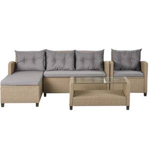 4 Piece Wicker Ratten Outdoor Sectional Set with Beige Brown Cushions, Patio Furniture Sets