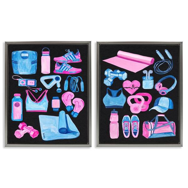 Exercise Gear Pink and Blue by Melissa Wang 2-Pieces Gray Floater Frame Sports Graphic Art Print 21 in. x 17 in.