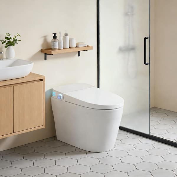 Elongated Smart Bidet Toilet 1.28 GPF in White with Heated Seat, Adjustable Temp, Warm Water Wash, and Dryer