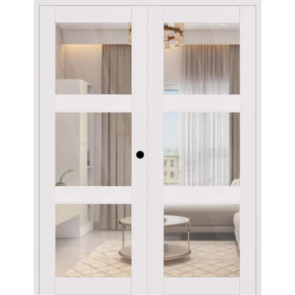 Smart Pro 3 Lite 56 in. x 80 in. Left Active 3-Lite Clear Glass Polar White Wood Composite Double Prehung French Door