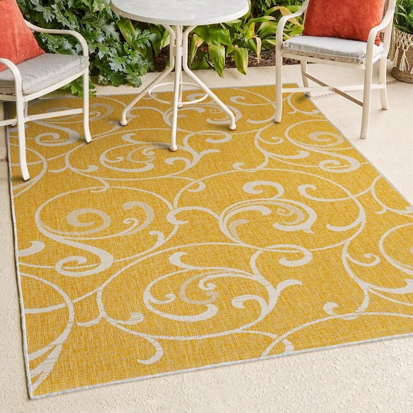JONATHAN Y Maribel Traditional Classic All-Over Scroll Yellow/Cream 3 ft. x 5 ft. Indoor/Outdoor Area Rug