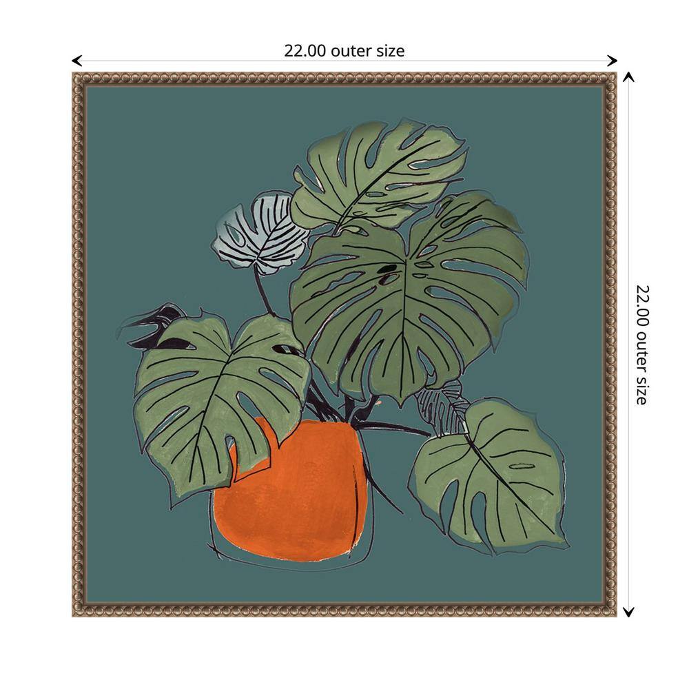 Retro Potted Plant on Teal Canvas Wall Art with Bronze Frame