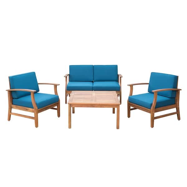 Perla Teak Brown 5-Piece Wood Outdoor Patio Conversation Deep Seating Set with Blue Water Cushions