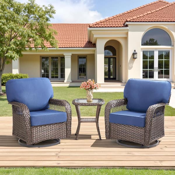 Buenaola 3-Piece Brown Wicker Outdoor Rocking Chair Sets with Swivel Glider, Patio Lounge Chair with Blue Cushions