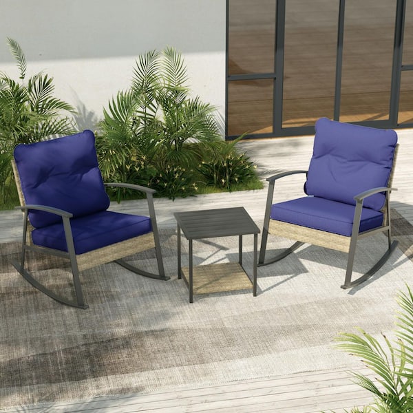 JOYESERY Outdoor Rocking Bistro Set  Patio Porch Furniture Patio Chairs (Set of 2) w/ Side Table and Navy Blue Cushions (3-Piece)