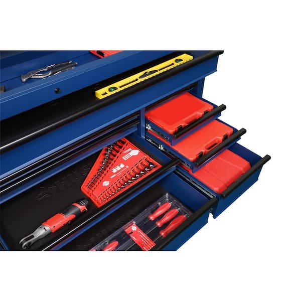 Husky - 72 in. W x 24 in. D Heavy Duty 18-Drawer Adjustable Height Mobile Workbench with Solid Wood Top in Matte Blue